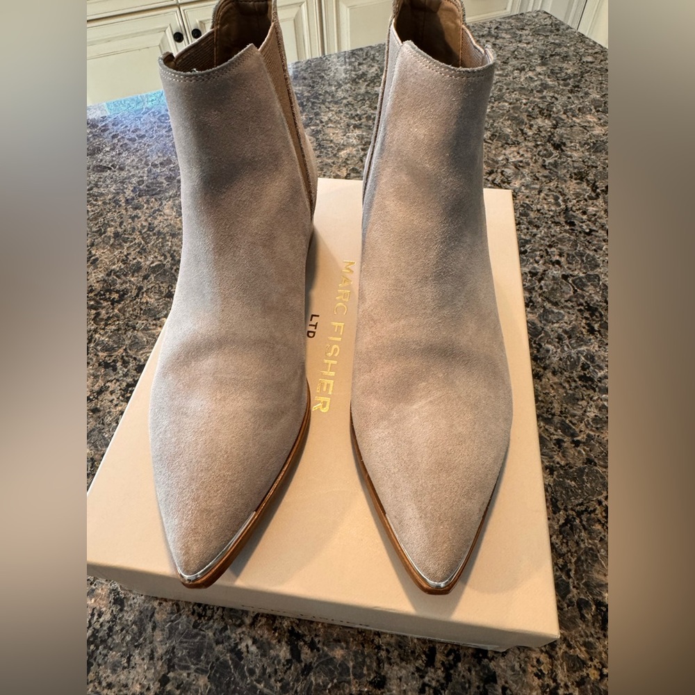 Marc Fisher Taupe Suede Pointed Toe Ankle Booties